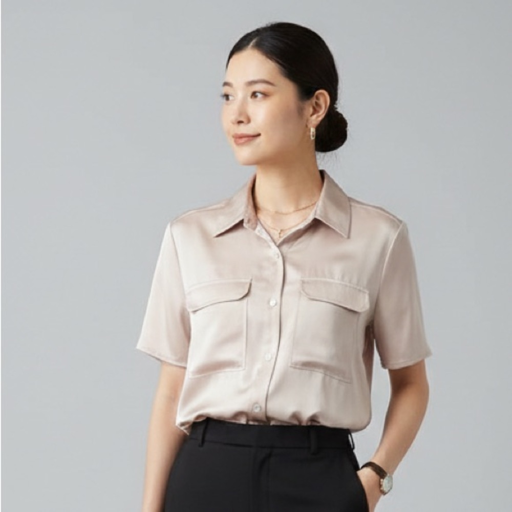 Rachel Zoe Satin Button Down Short Sleeve blouse. Boxy Size XL